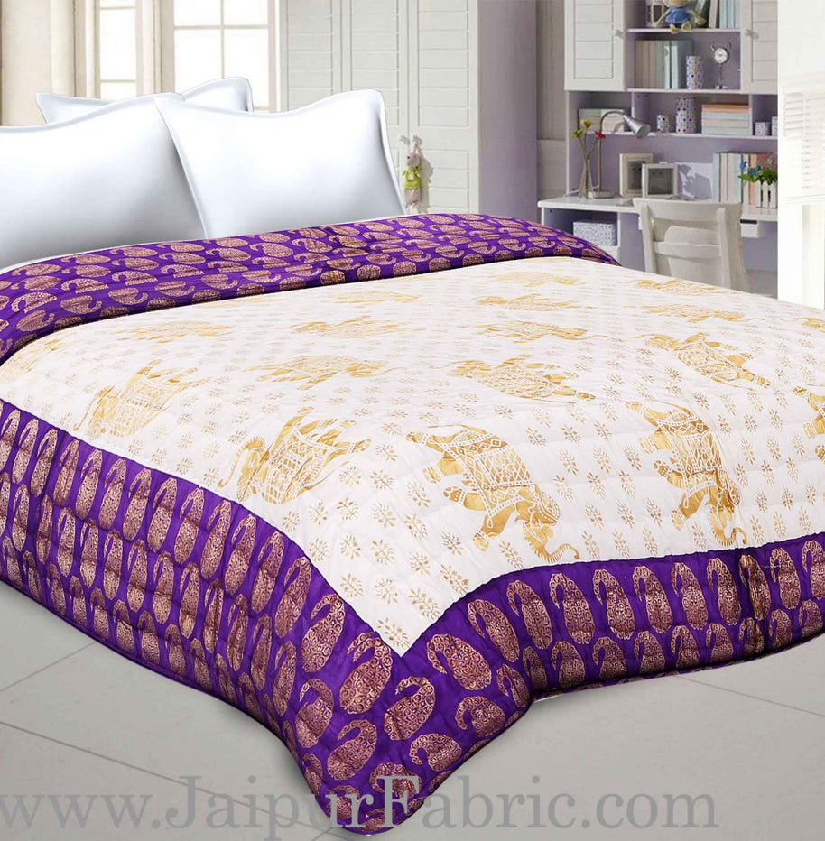 Purple Border Cream Base  With Golden Print Elephant Print Super Fine Cotton Voile(Mulmul) Both Side Printed Cotton Double Bed Quilt