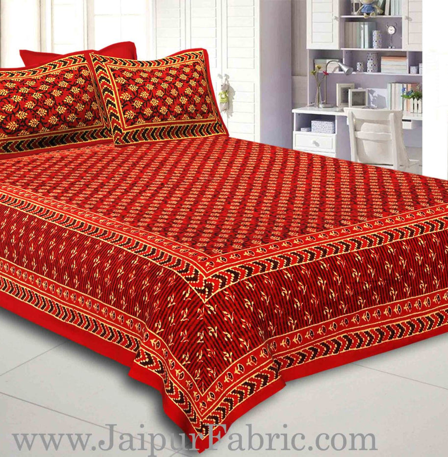 Red Border Red Base leaf  Print Fine Cotton Double Bed sheet  With Pillow Cover