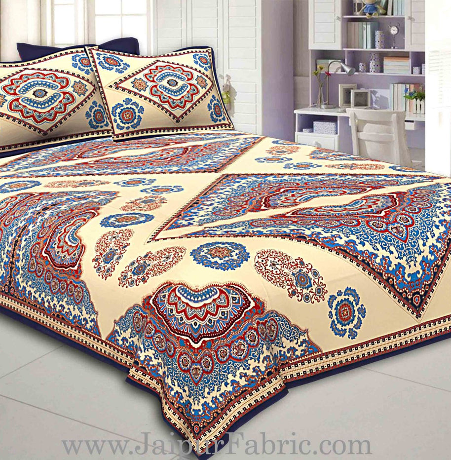 Blue Border Multi Big Boota Golden Boota Fine Cotton Double Bedsheet With Two Pillow