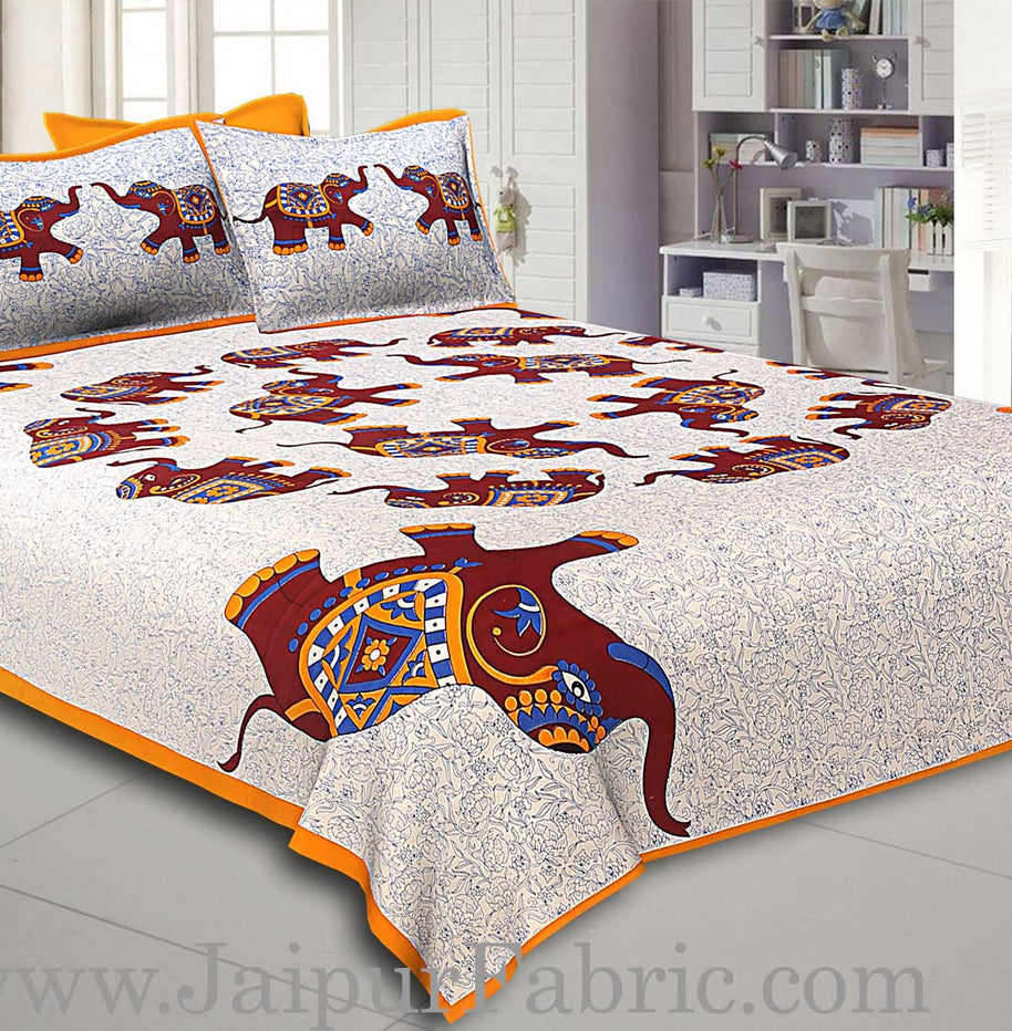 Yellow Border Elephant in Round Shape Cotton Double Bedsheet