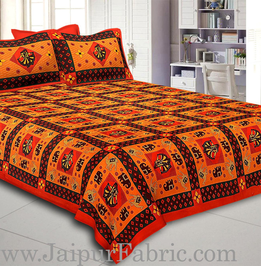 Orange Border Orange Base Gujri Dance In Square Patton Cotton Double Bed Sheet