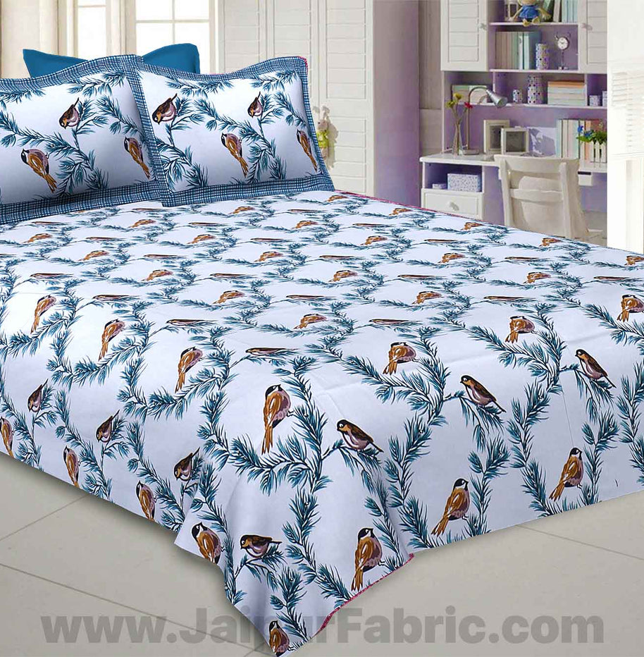 Pure Cotton 240 TC Double bedsheet indian bird print blue