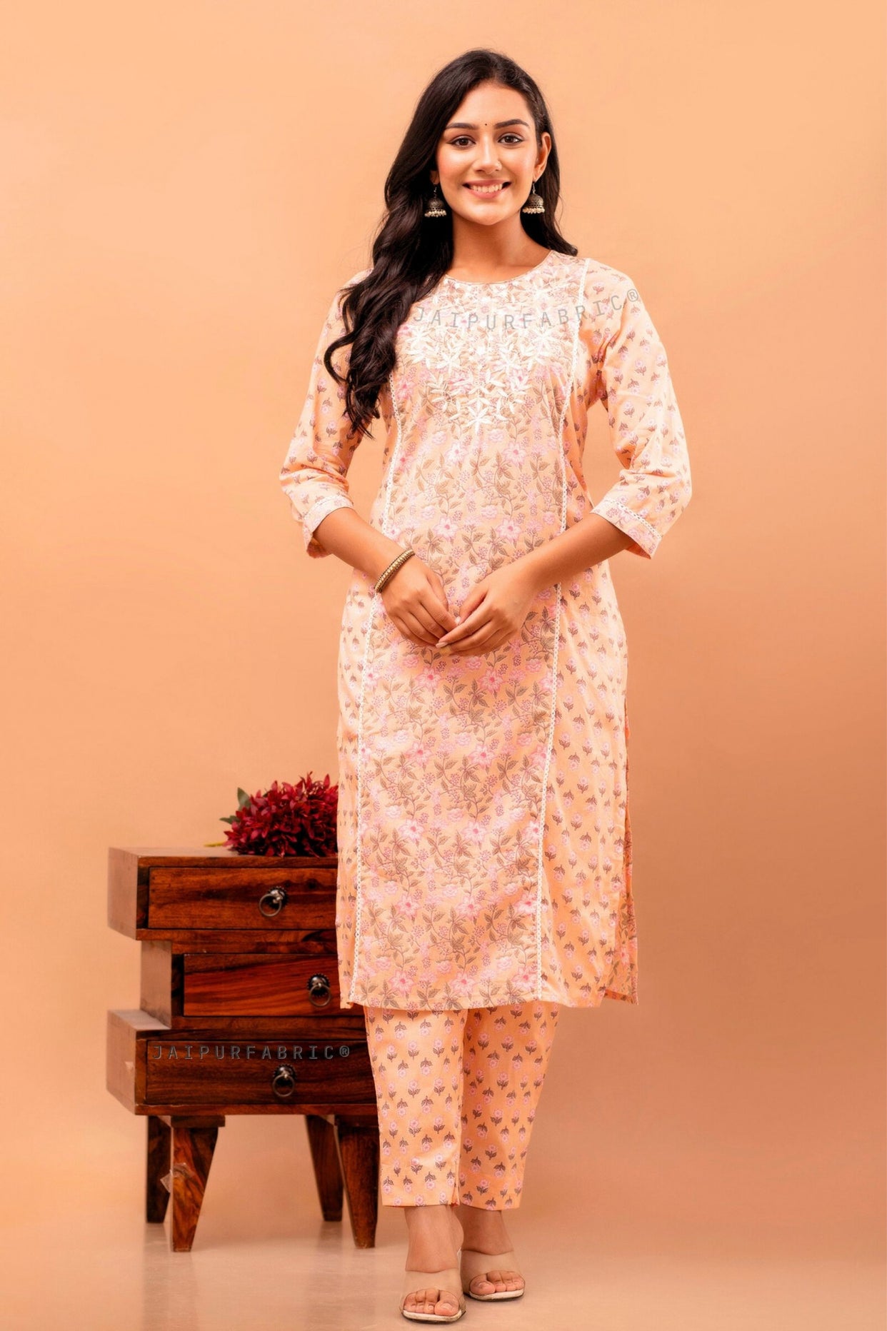 Peach Embroidery Kurti Pant Set