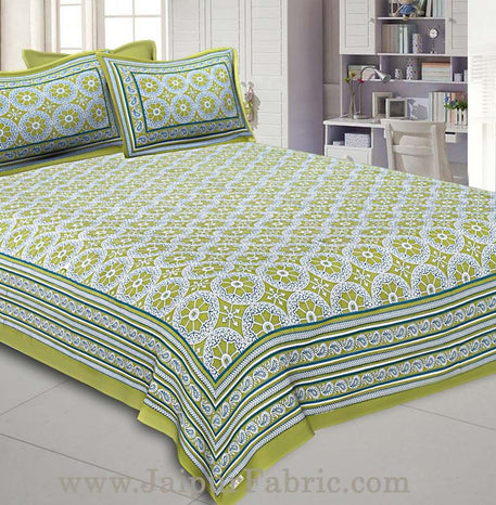 Double Bedsheet Green Border Round Circle Cotton With 2 Pillow Covers