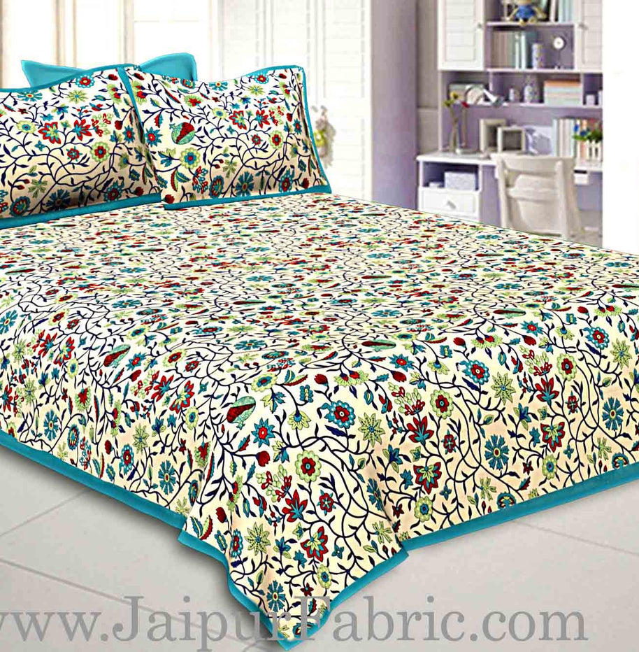 Double Bedsheet With Sea Green Branch Of Pomegranate With Two Pillow Cover