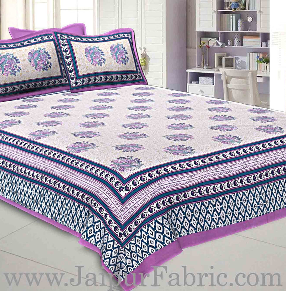 Double bedsheet Purple Border With Big Boota  Print Fine Cotton With Two Pillow Cover