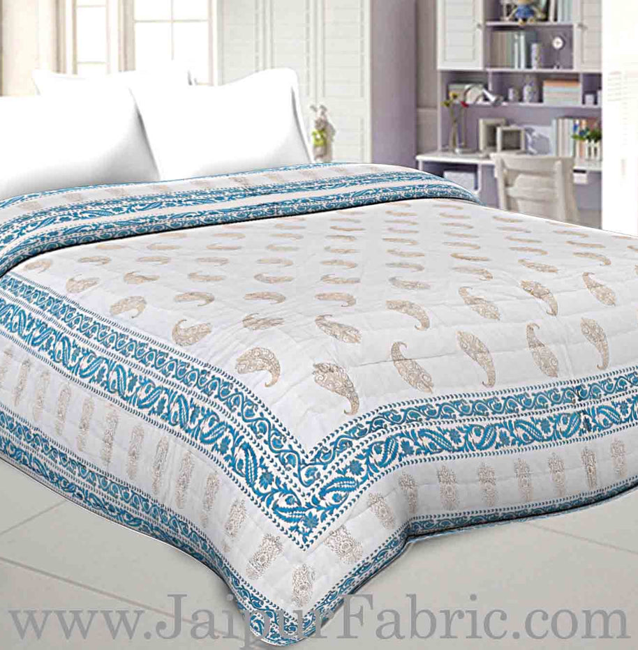 Jaipuri Printed Double Bed Razai Golden  Blue White base with Paisley pattern