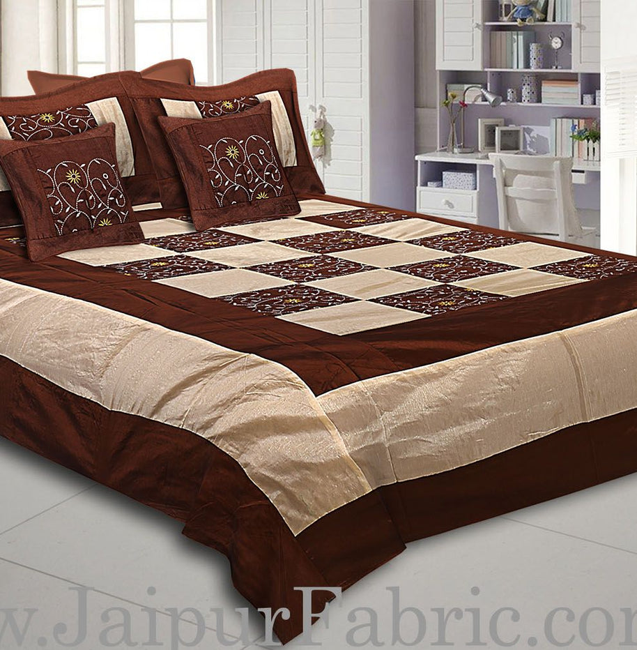 Dark Chocolate And Cream Check With Embroidery Silk festive Double Bed sheet