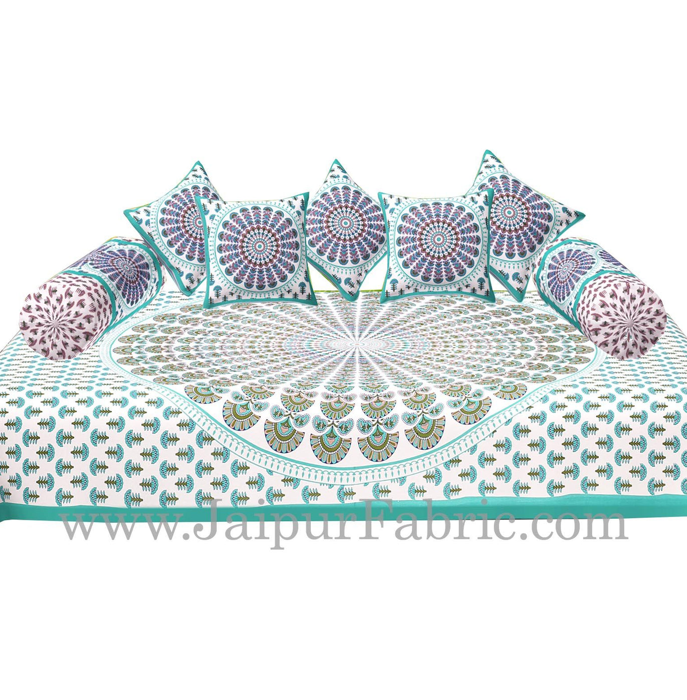 Sea Green  Border Cream Base Mandala Print Diwan Set