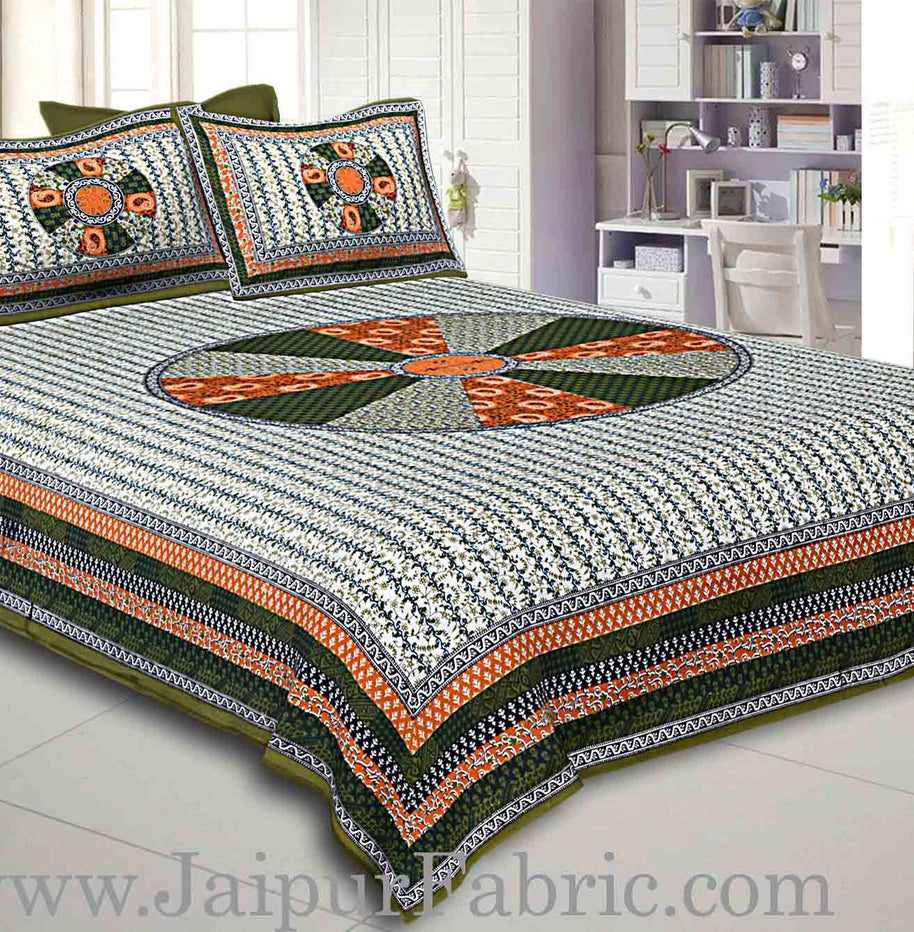 Green Border Cream Base With Large Circle Print Cotton Double Bedsheet