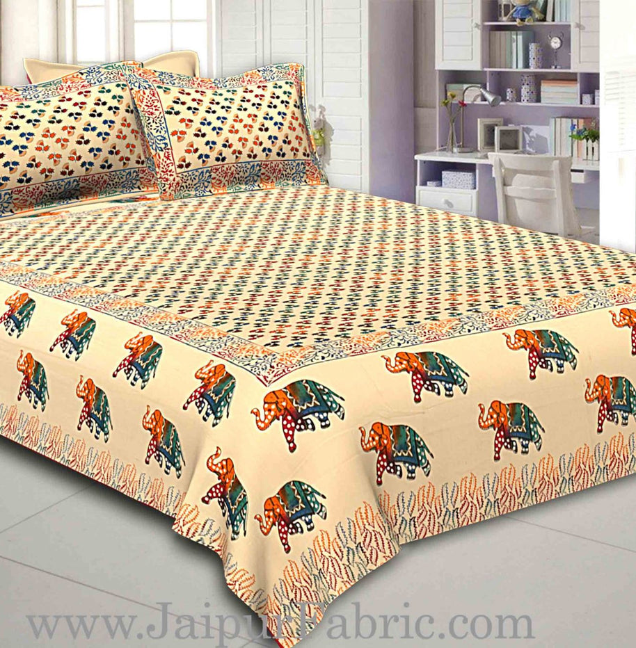 Cream Base Satrangi Gold Print With Elephant Super Fine Cotton Double Bedsheet