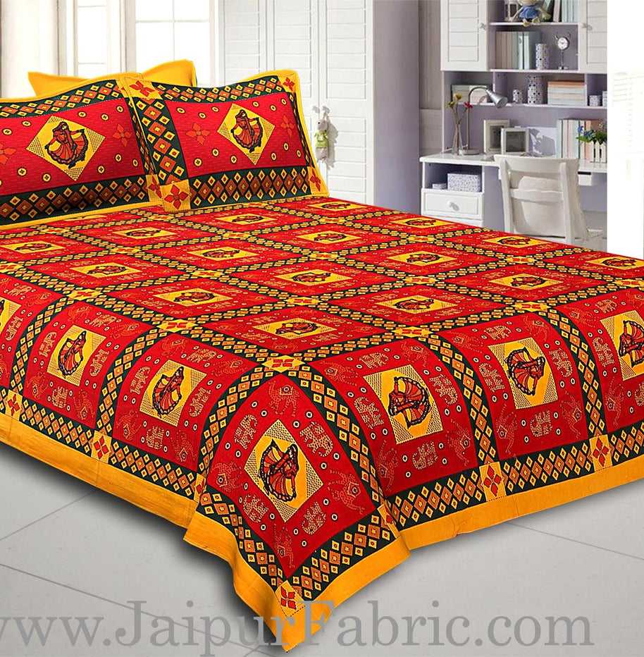 Yellow Border Red Base Gujri Dance In Square Pattern Cotton Double Bed Sheet