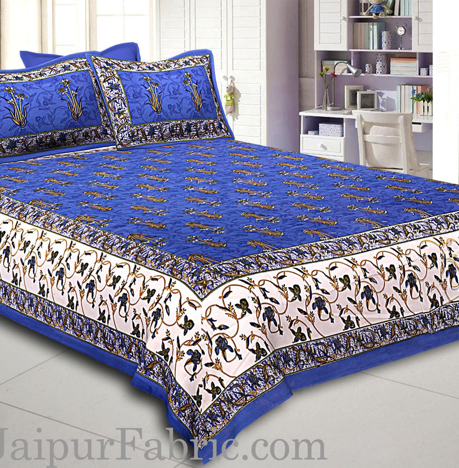 Blue And Cream Border With Blue Base With  Small Mughal Print Cotton Double Bedsheet