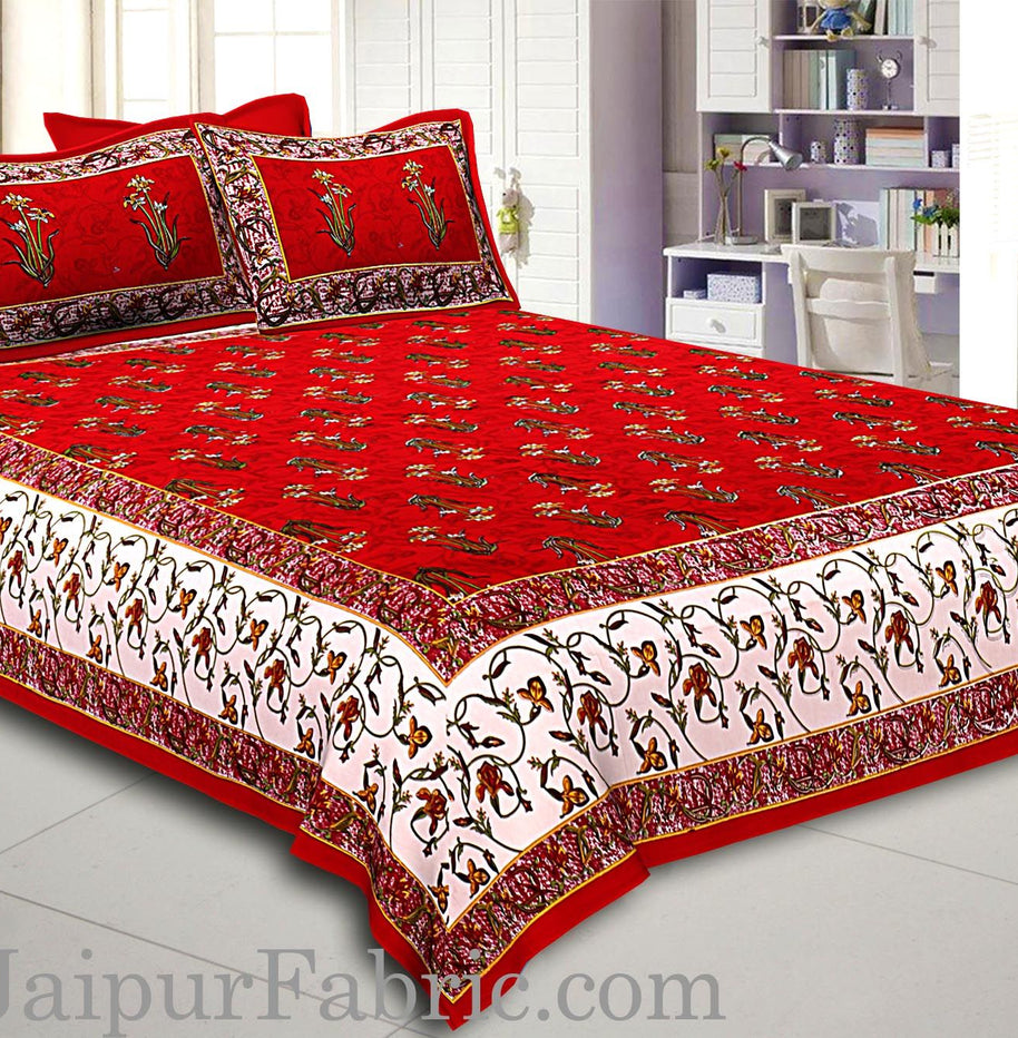 Maroon And Cream Border Maroon Base With  Small Mughal Print Cotton Double Bedsheet