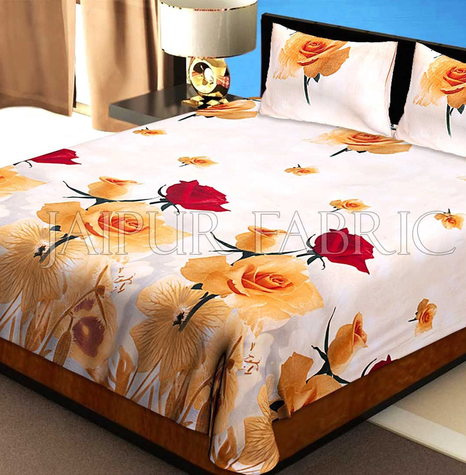 White Base Orange Flower Print Cotton Double Bed Sheet