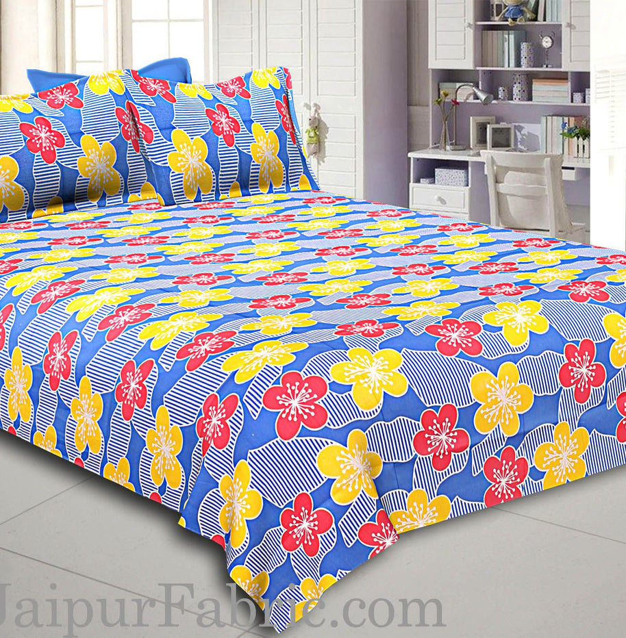 Blue Base Yellow and Red Flower Double Bed Sheet