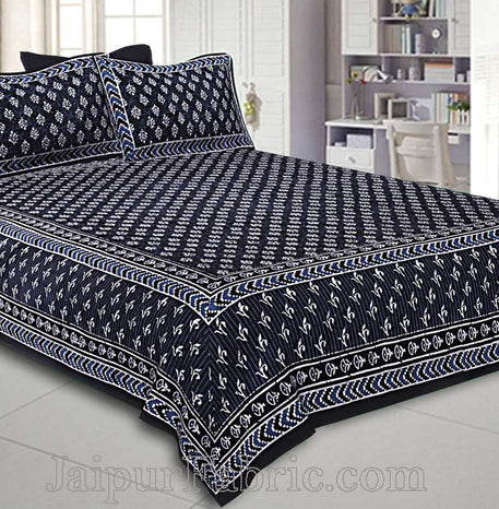 Double Bedsheet Dabu Indigo Dye Black Hand Block Leaf Print