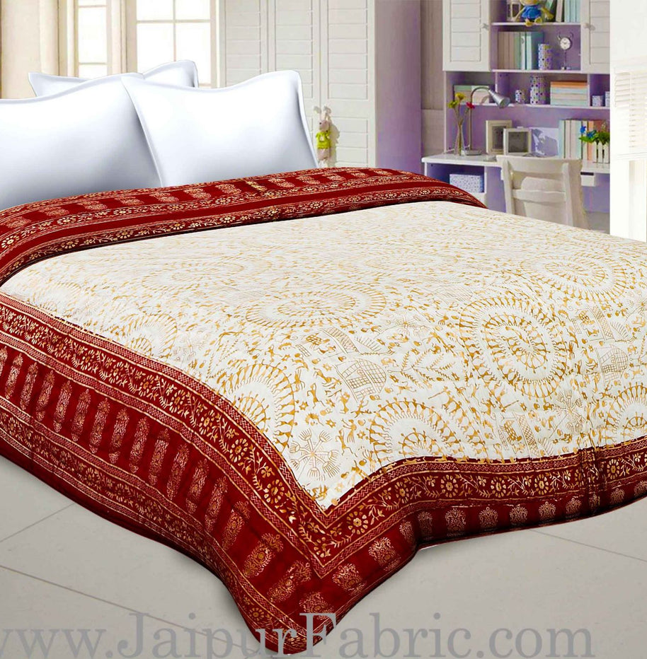 Maroon Border Cream Base  With Golden Print Figure Print Super Fine Cotton Voile(Mulmul) Both Side Printed Cotton Double Bed Quilt