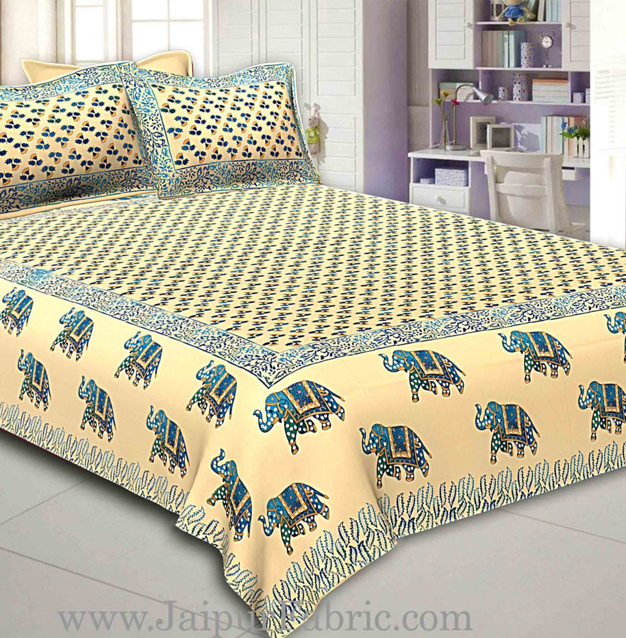 Light Cream Base Satrangi Gold Print With Elephant Super Fine Cotton Double Bedsheet