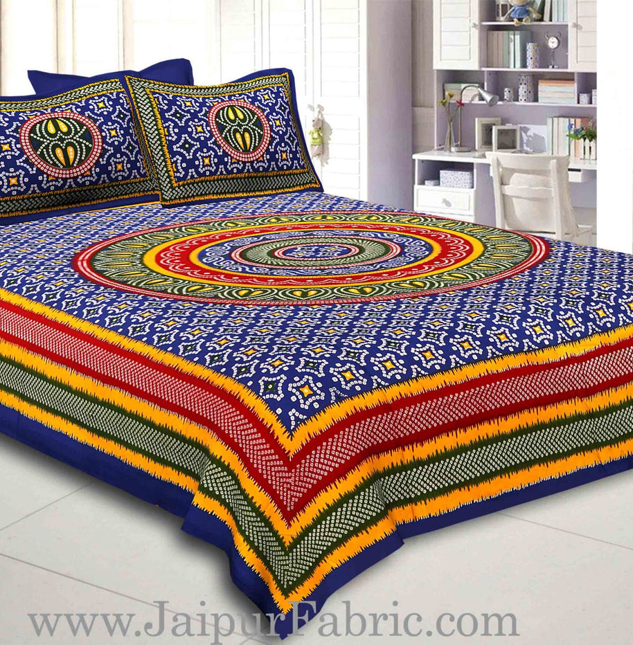 Blue Border Bandhej and Rangoli Print Cotton Double Bed Sheet With Two Pillow Cover