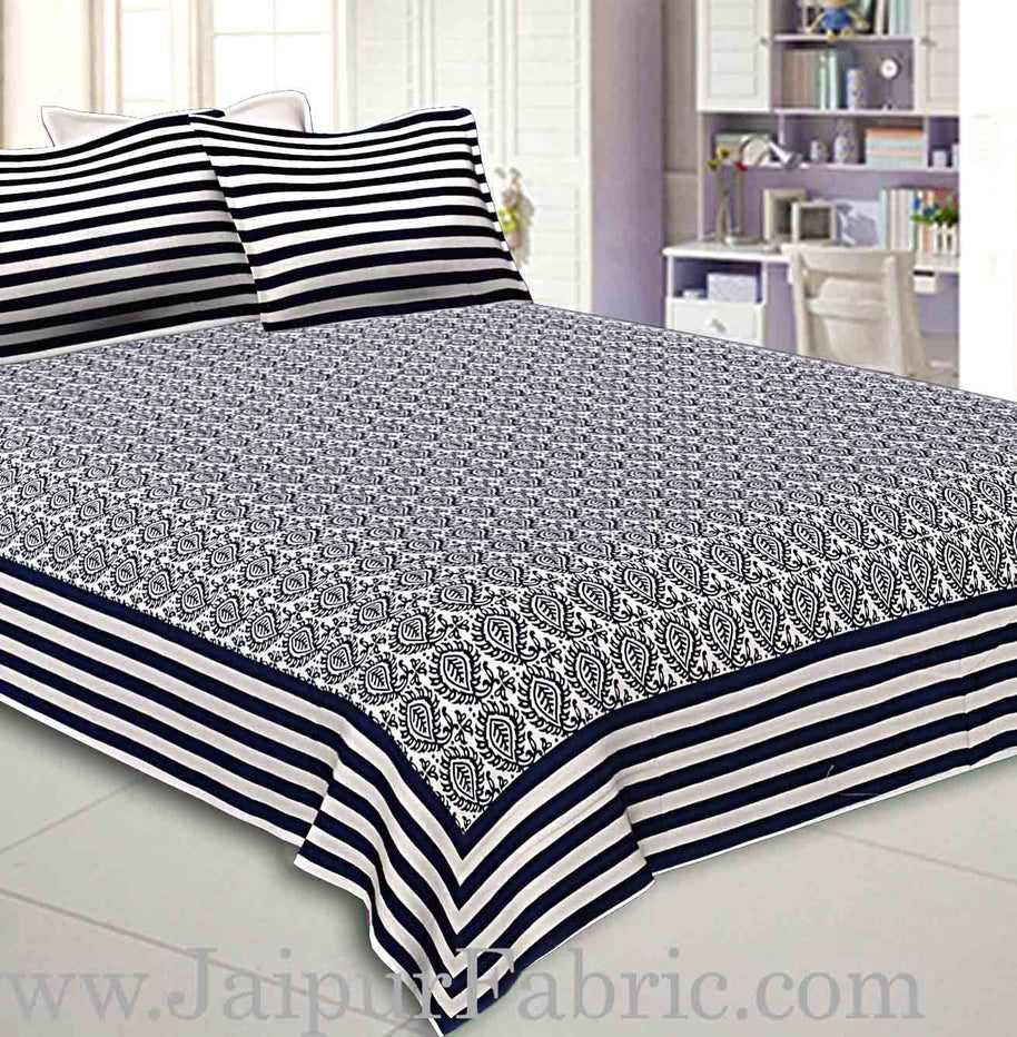 Double Bedsheet White And Dark Blue  Border  Fine Cotton  Booti Print