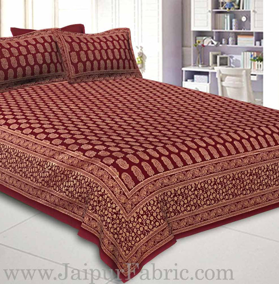 Double Bed Sheet With Shining Gold Print Maroon Base Gold Kerry Pattern Super Fine Cotton