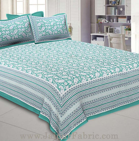 Paisley Double Bedsheet Green border in super fine cotton with 2 Pillow Covers