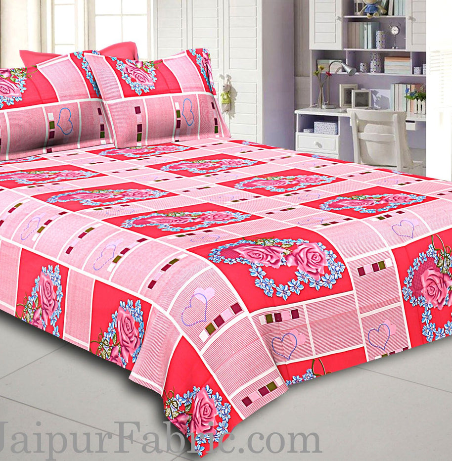 Pink Stripes Floral Print Double Bed Sheet