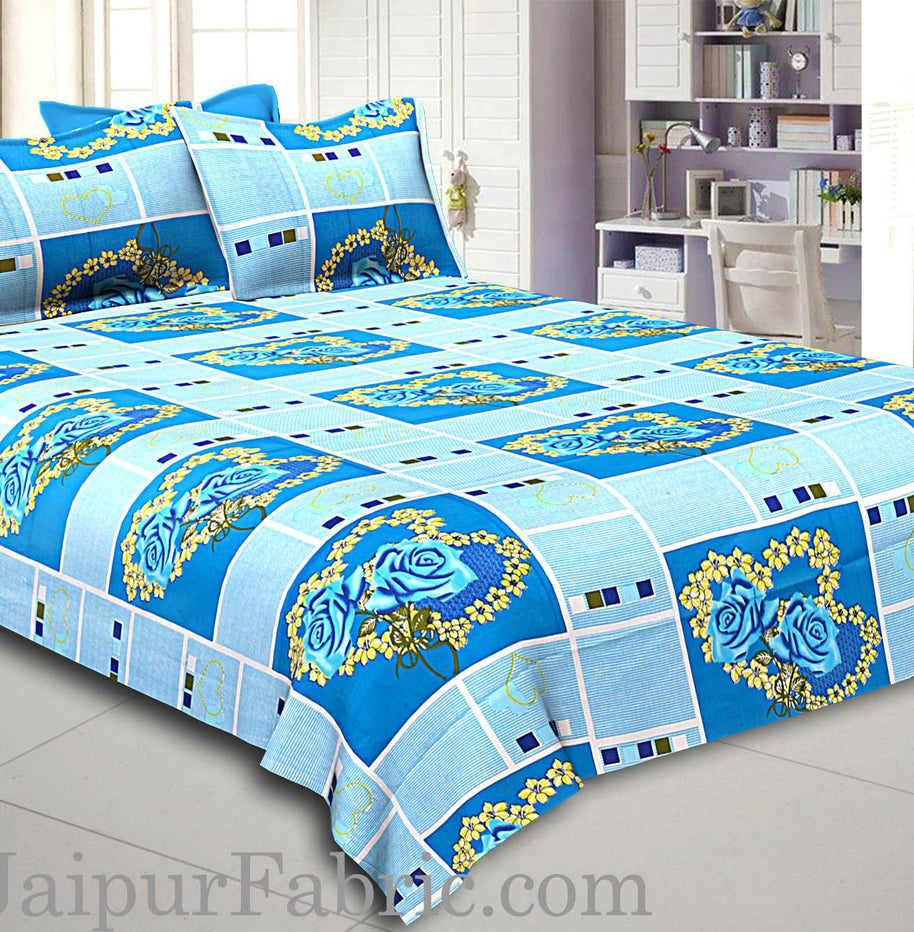 Blue Stripes Floral Print Double Bed Sheet