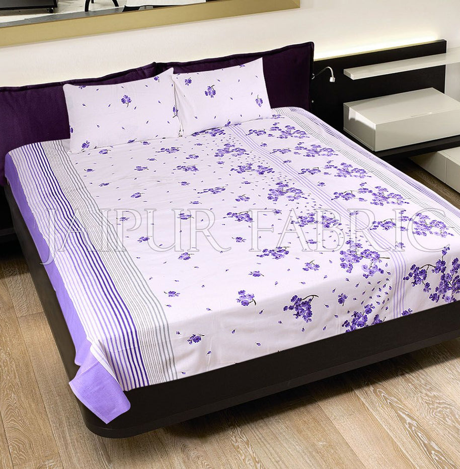 Purple and Black Stripes Floral Print Cotton Double Bed Sheet