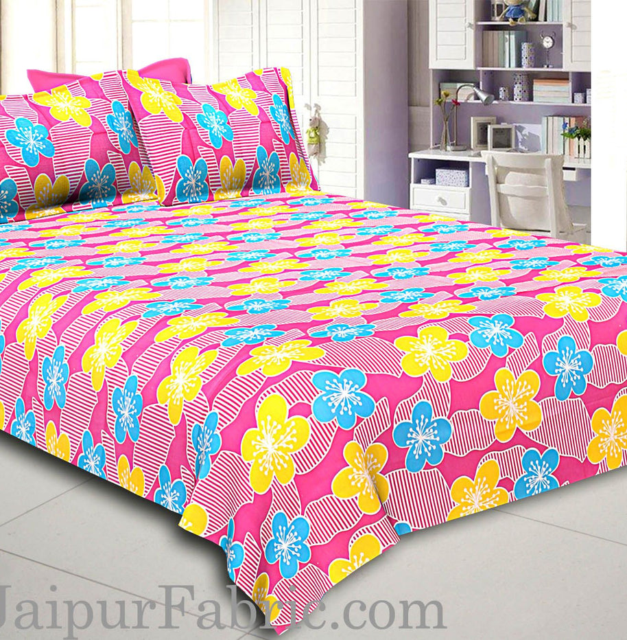 Pink Base Yellow and Blue Flower Double Bed Sheet