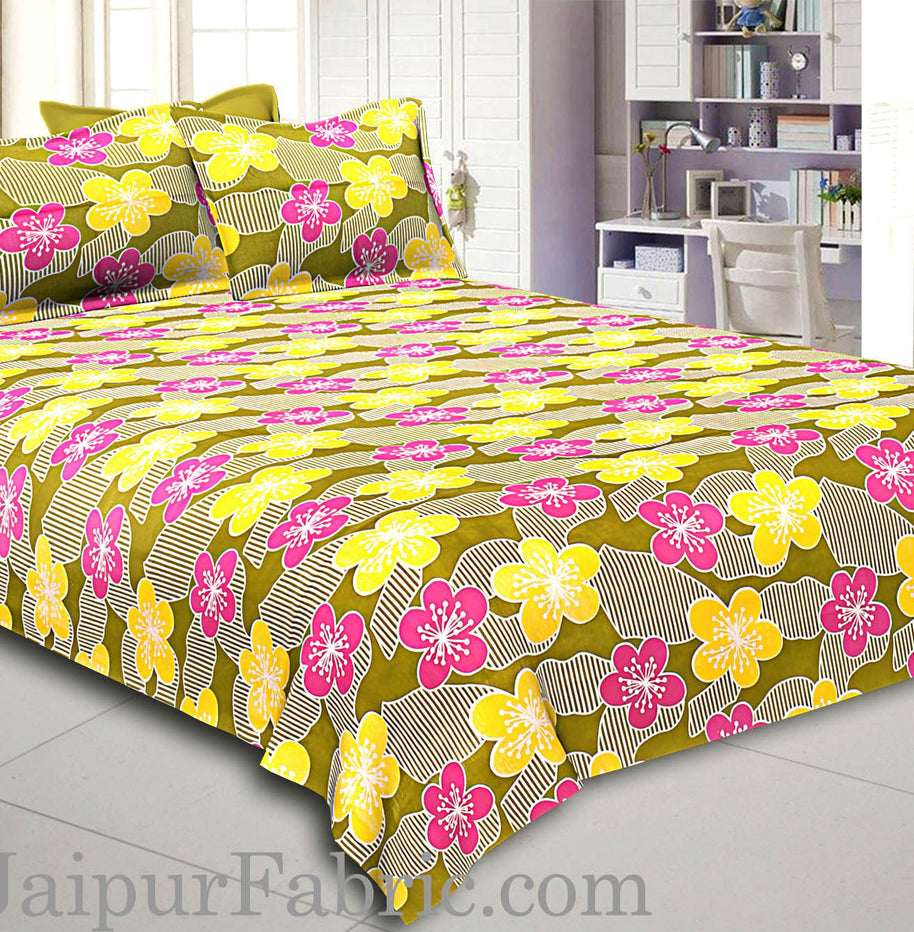 Green Base Yellow and Pink Flower Double Bed Sheet