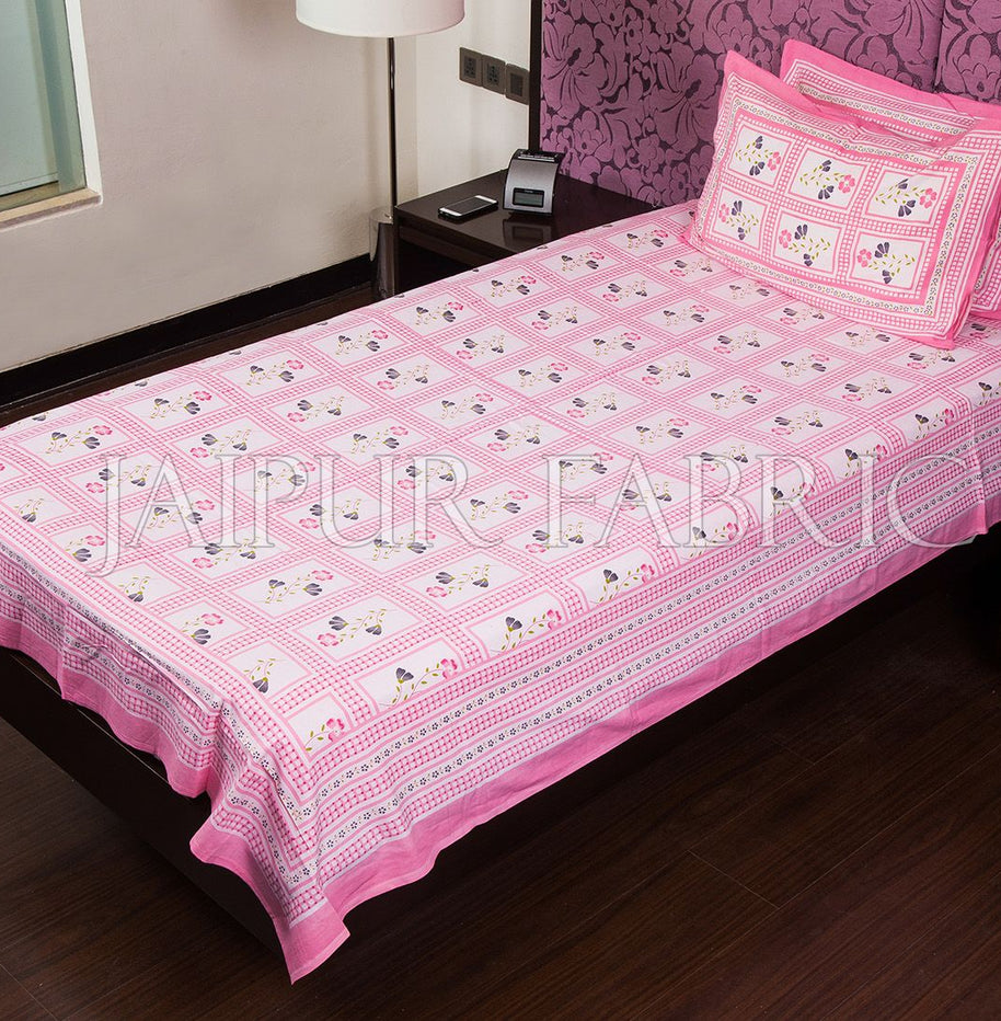 Pink Color White Base Floral Print  Single Bed Sheet