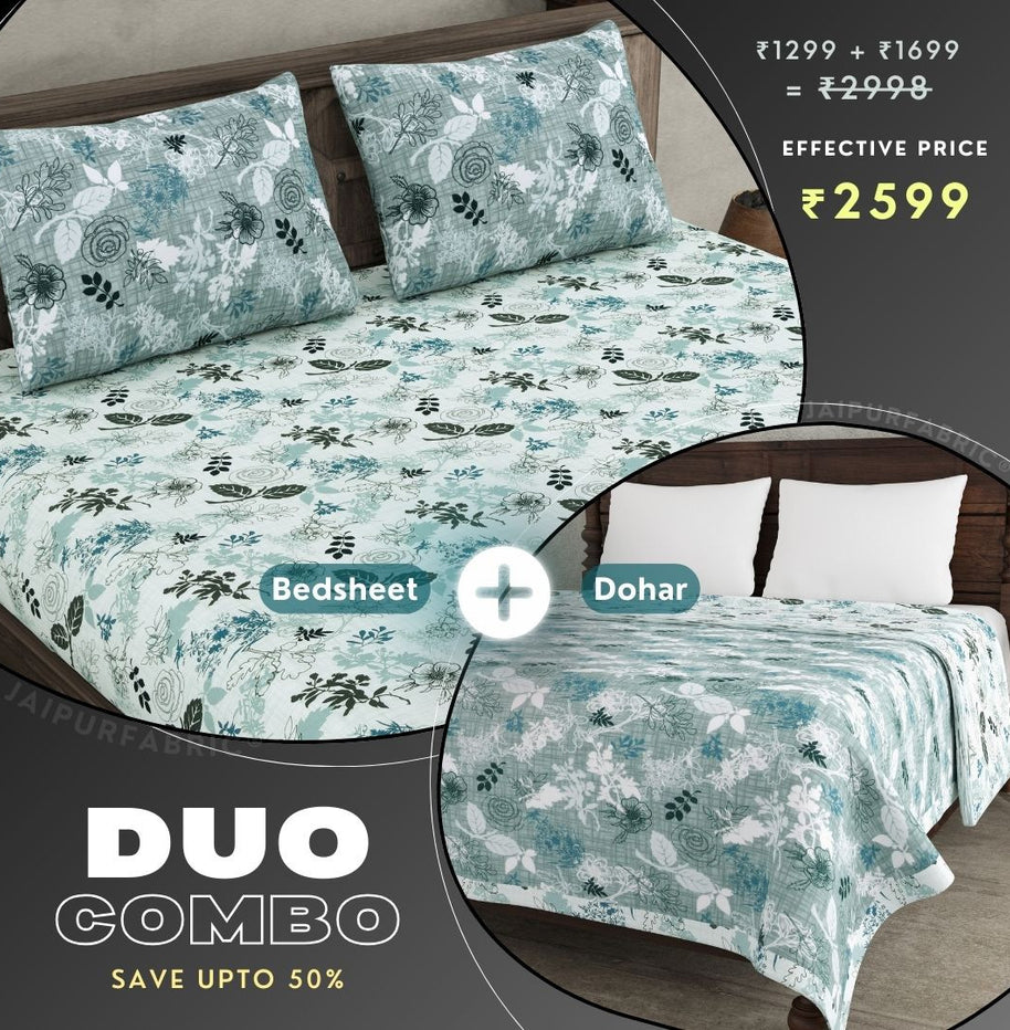 The Finest Pick Rose Pattern Seafoam Green Dohar and Bedsheet Combo