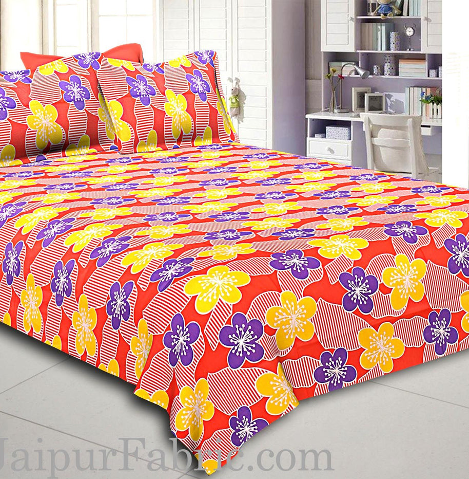 Peach Base Yellow and Purple Flower Double Bed Sheet