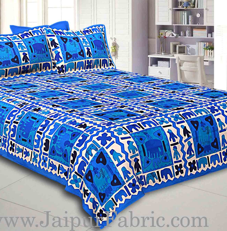 Blue Border Blue Base Check With Hathi And Paan Print Coton Double Bedsheet