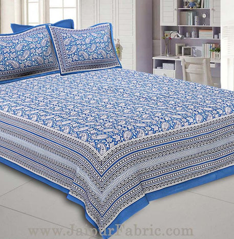 Paisley Double Bedsheet Blue border in super fine cotton with 2 Pillow Covers