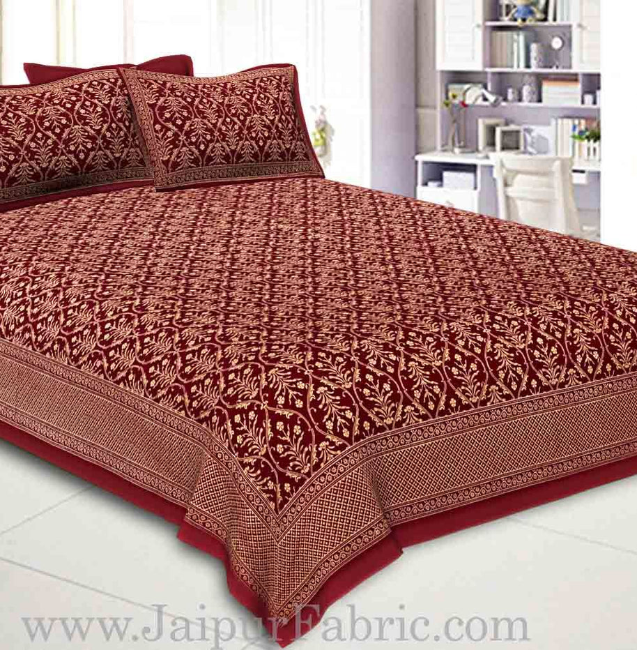 Double Bed Sheet  With Shining Gold Print Maroon Base Gold Retro Pattern Super Fine Cotton  Double Bed Sheet