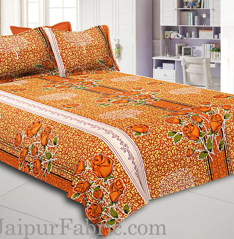 Brown Base Flower Print White Border Double Bed Sheet