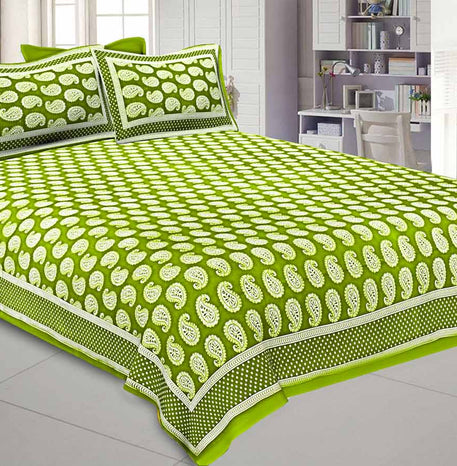 Paisley Double Bedsheet Olive Green Color Fine Cotton With Two Pillow covers