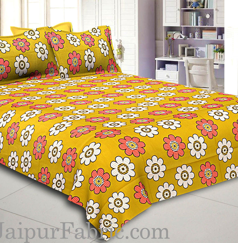 Green Base Dotted Flower Print Double Bed Sheet