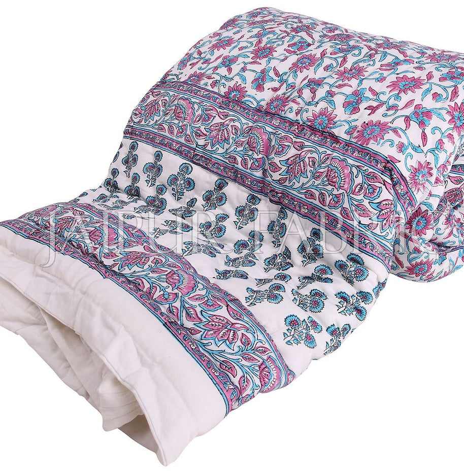 White Base Purple Blue Floral Print Cotton Double Bed Quilt