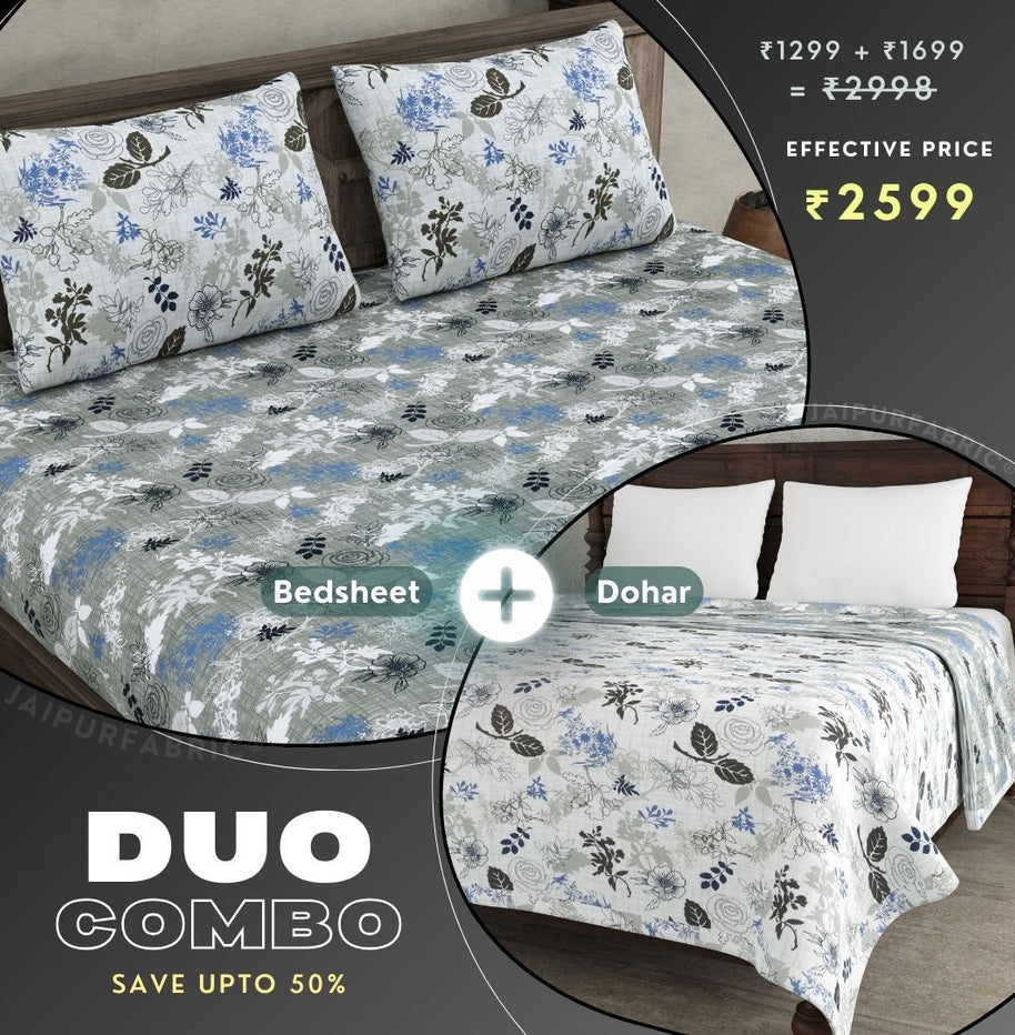 The Finest Pick Rose Pattern Grey Dohar and Bedsheet Combo