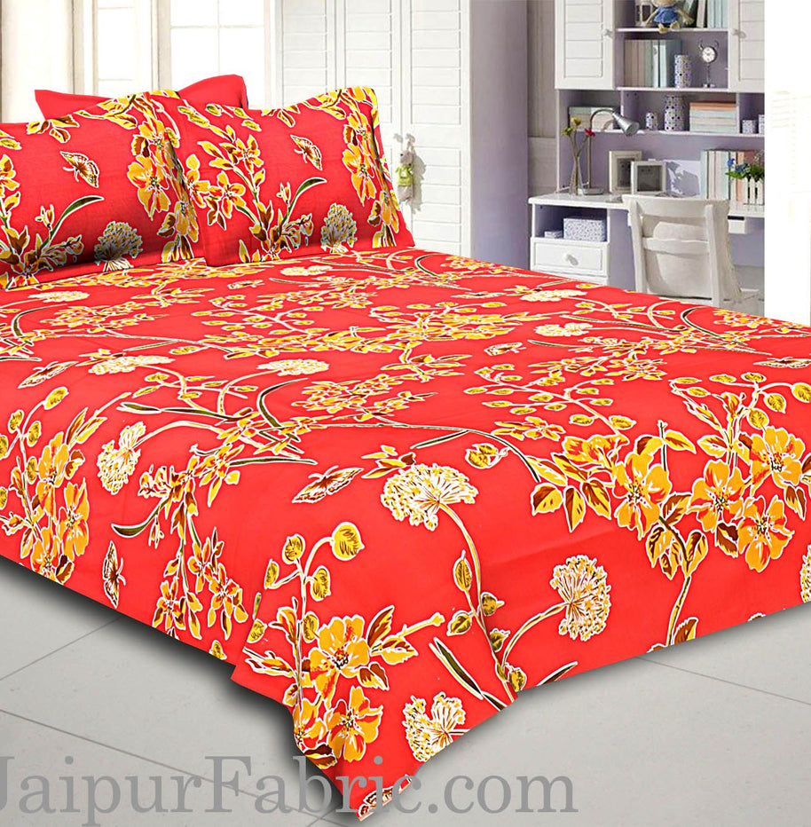 Peach Base Tropical Butterfly Design Double Bed Sheet