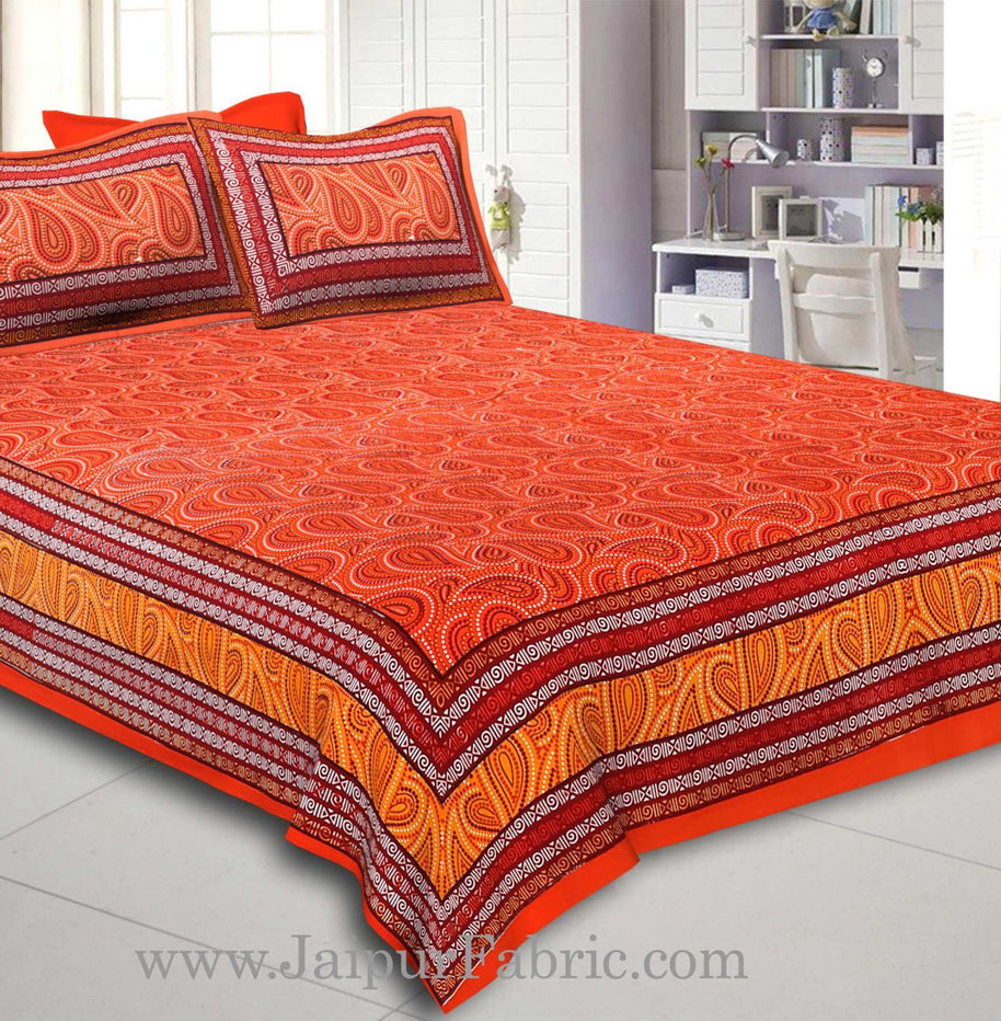 Orange Border Black Border Maroon Base Paisley Dotted Print Cotton Double Bed Sheet