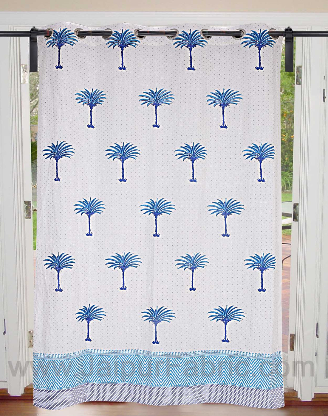 Sky Blue Palm Polka Cotton Grommet Curtain