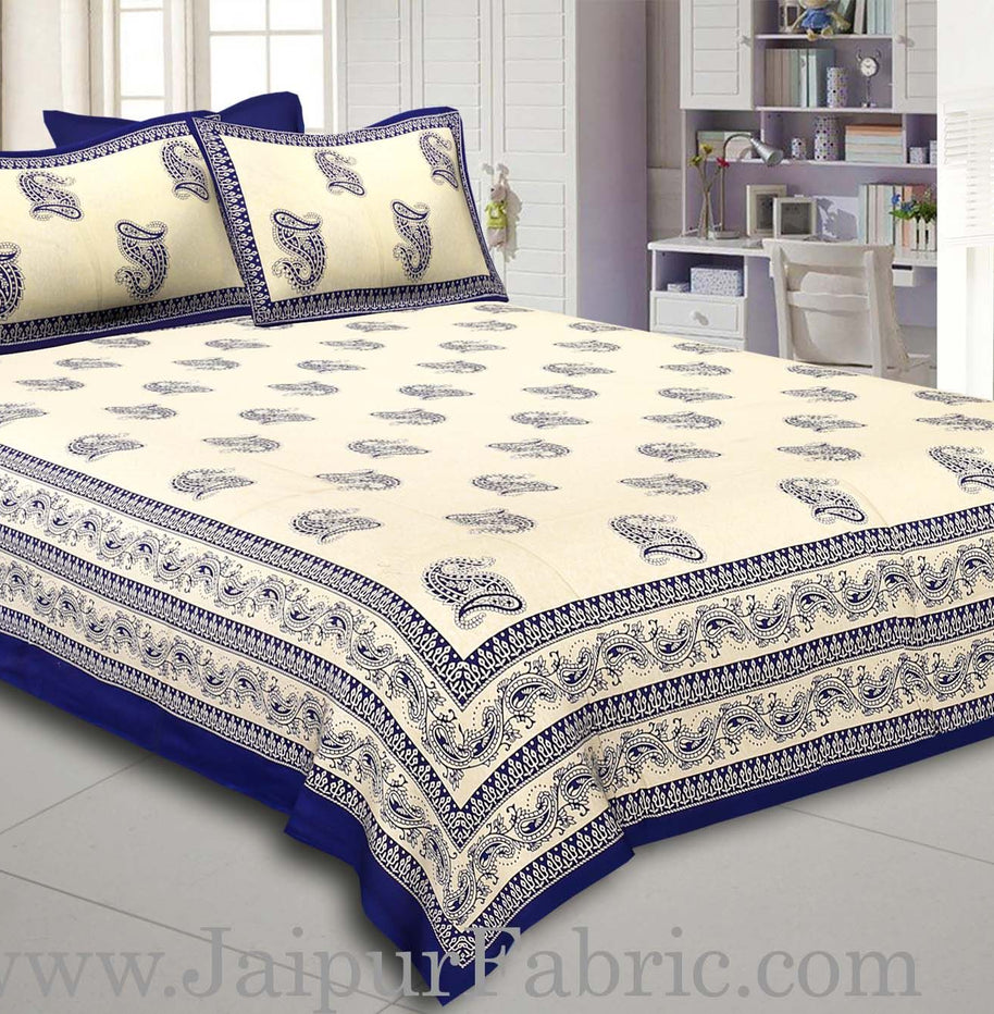 Blue Border Cream Base Blue Paisley Print Cotton Double Bed Sheet