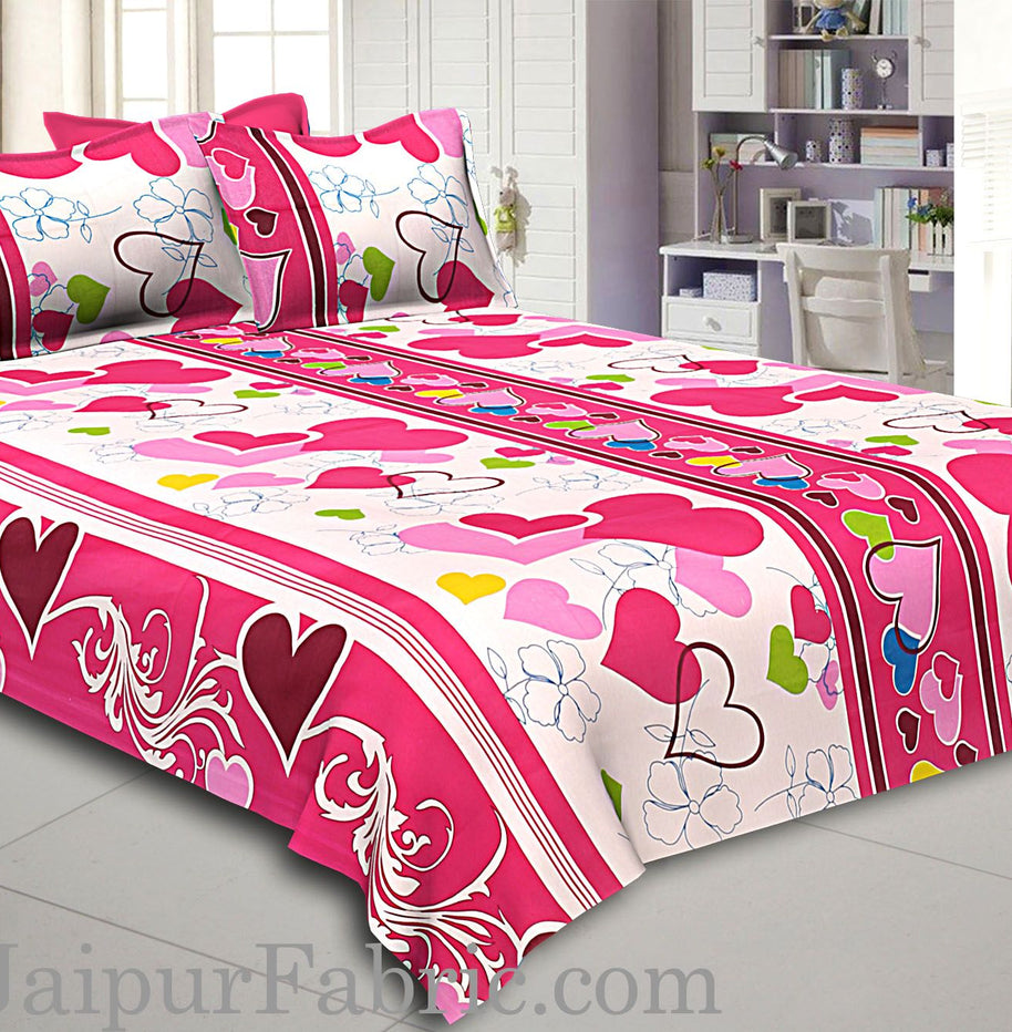 White Base Pink Heart Floral Print Double Bed Sheet