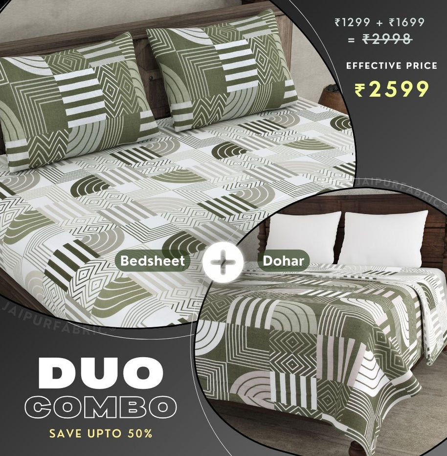 Geometric Maze Green and Off White Dohar and Bedsheet Combo