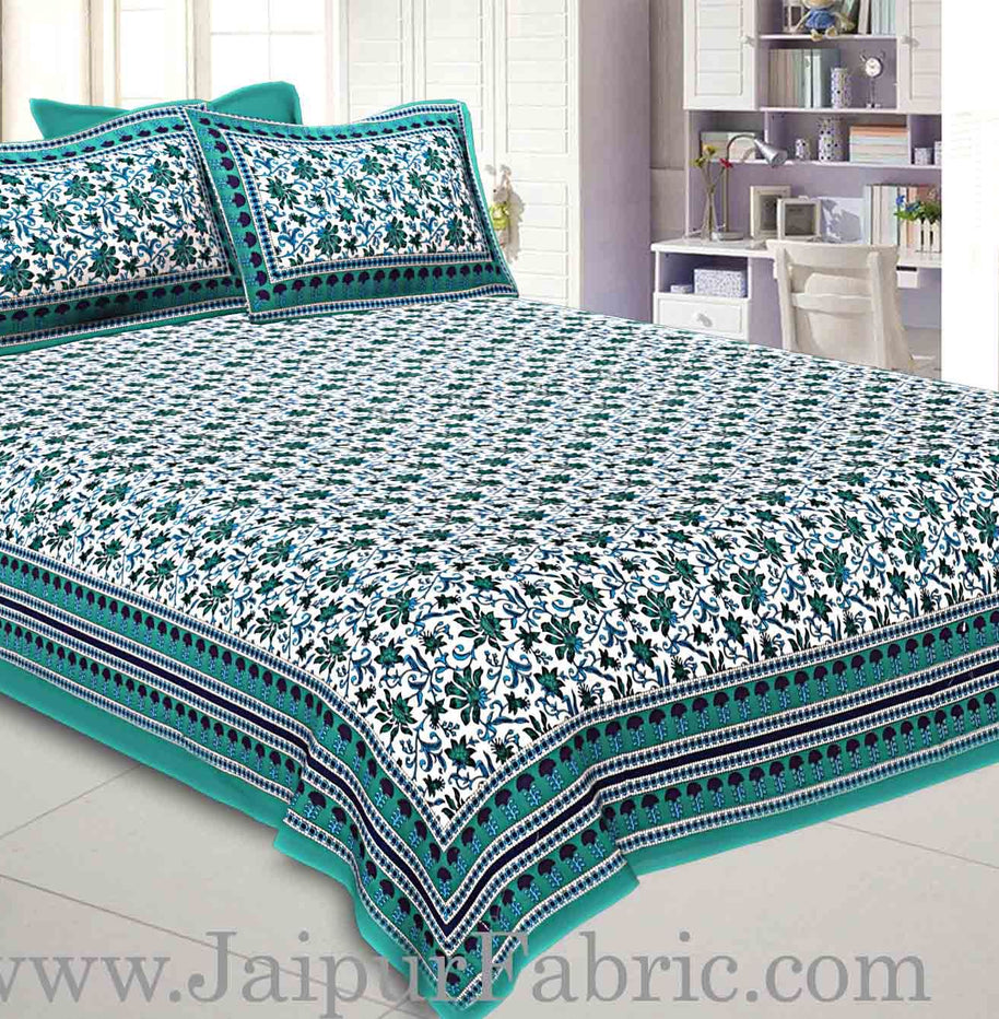 Double Bedsheet Sea Green Border Bell Perint With Two Pillow Cover